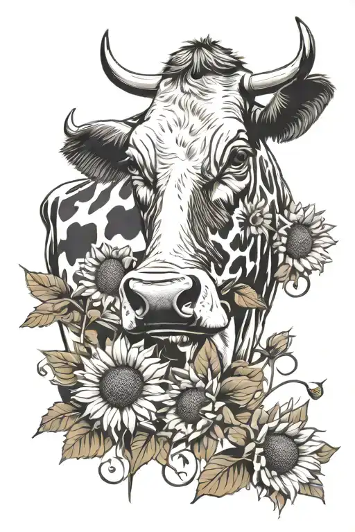 Cow And Sunflowers Blooming Flowers