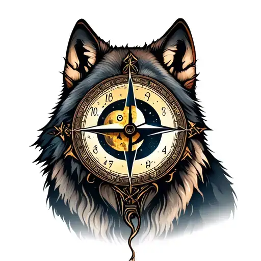 Wolf With A Scar On Its Eye Compass Clock And Moon