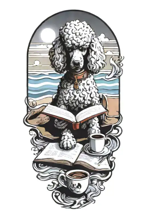 A Poodle Reading A Book With A Cup Of Coffee On The Beach