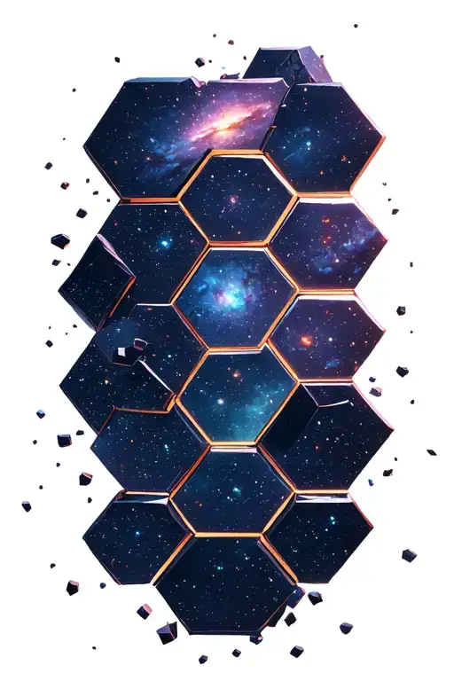 Hexagon Pieces Falling Into Space Showing A Galaxy