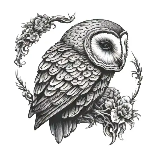 Black And White Barn Owl Engraving Tattoo Style Illustration