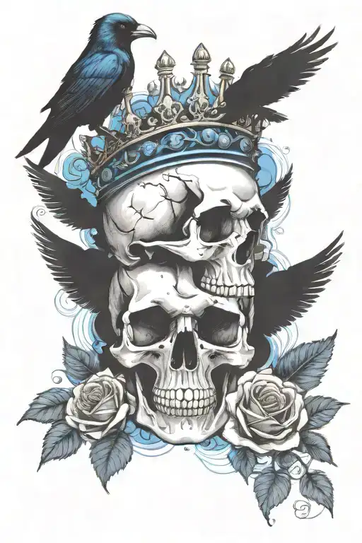 Skull Wearing Crown With Raven On Headand Blue Roses Intertwined