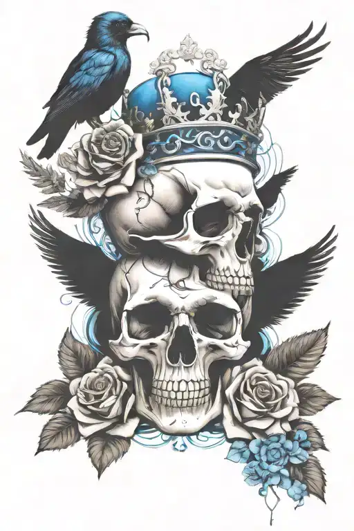 Skull Wearing Crown With Raven On Headand Blue Roses Intertwined