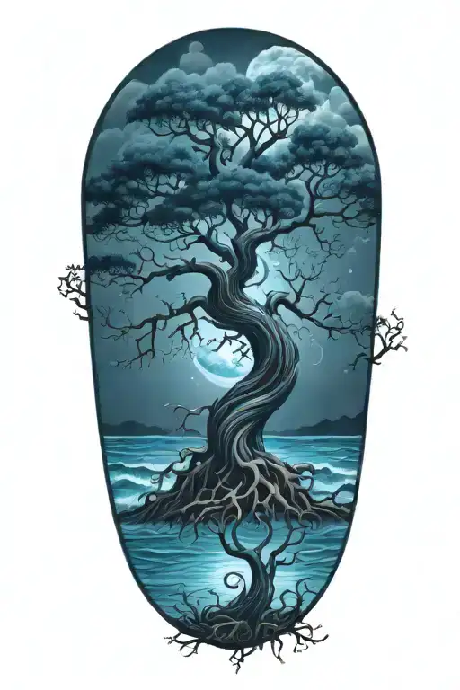 Tree Of Life With Deep Roots Surrounded By Violent Stormy Seas And Skies And Wind