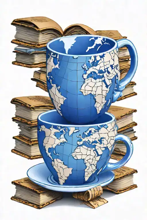 A Coffee Cup Morphing Into A Stack Of Books With A World Map In The Background