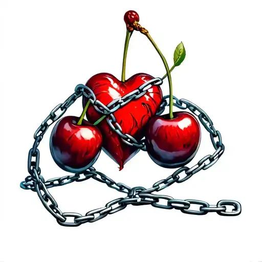 Two Cherries And Heart Organ Wrapped By Chains