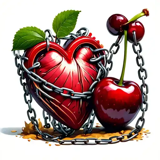 Two Cherries And Heart Organ Wrapped By Chains