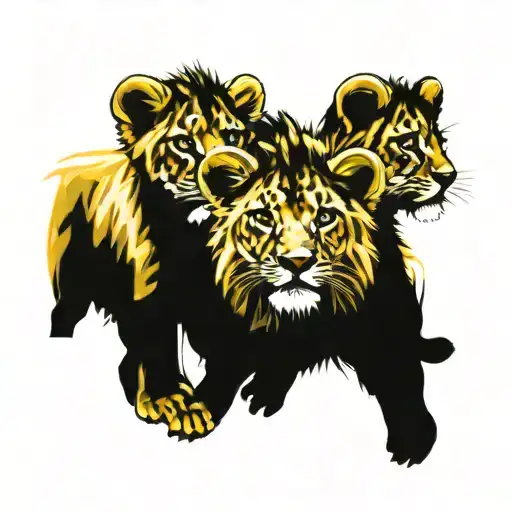3 Lion Cubs Face Only In Yellow