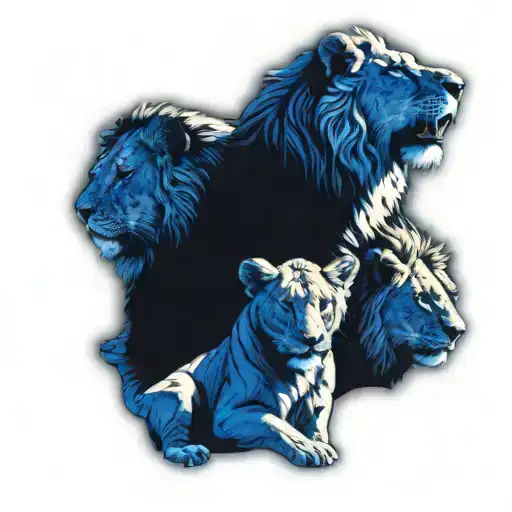 Lion And Lioness Protecting 3 Cubs Face Only