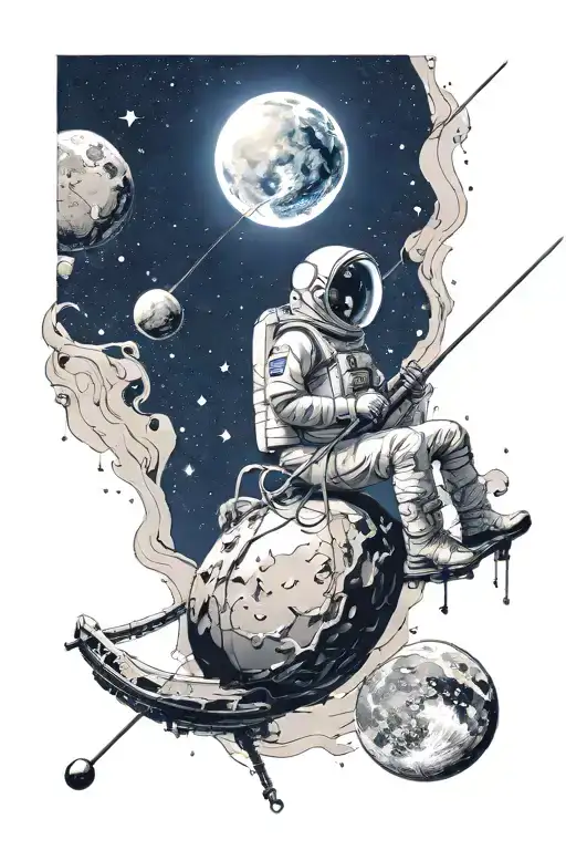 Woman Sitting On The Moon Fishing With A Fishing Rod For Astronaut Floating In Space