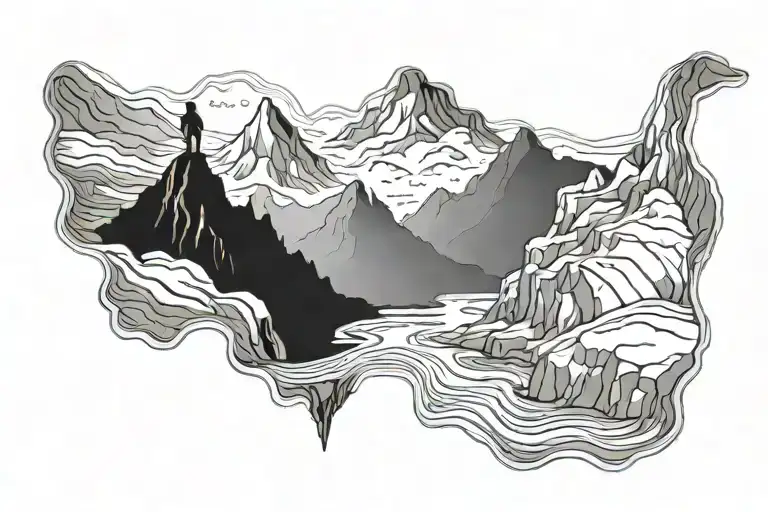 River And Mountain With Boy Standing