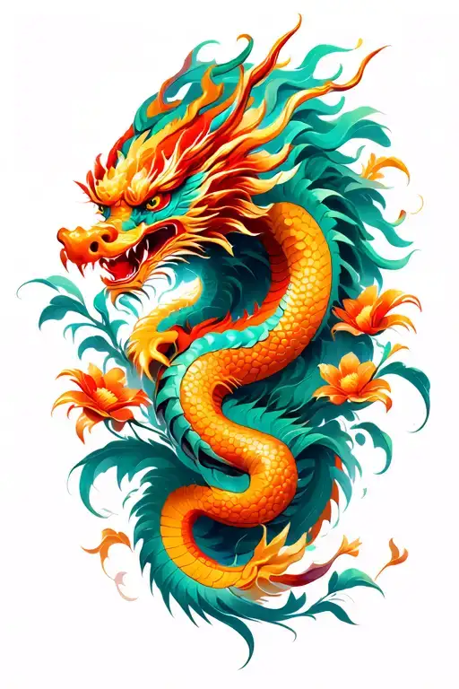 Chinese Dragon Flying With Flower Blooming