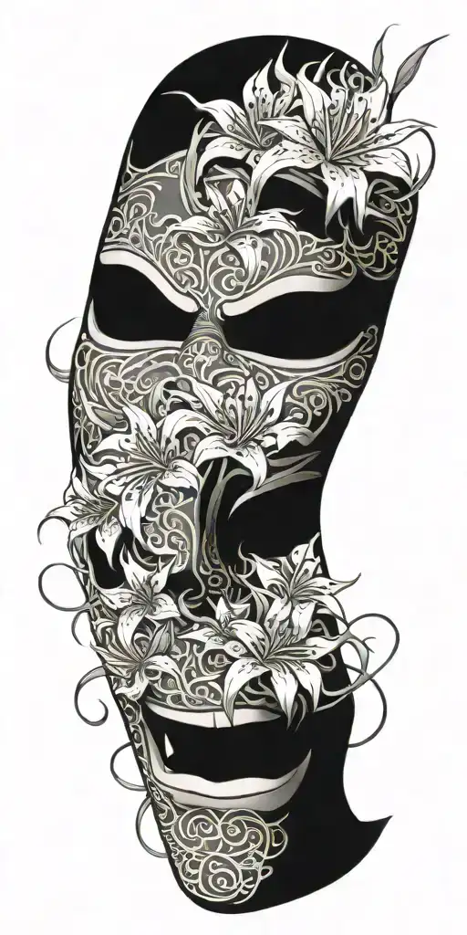 Japanese Oni Mask Featuring Spider Lillies