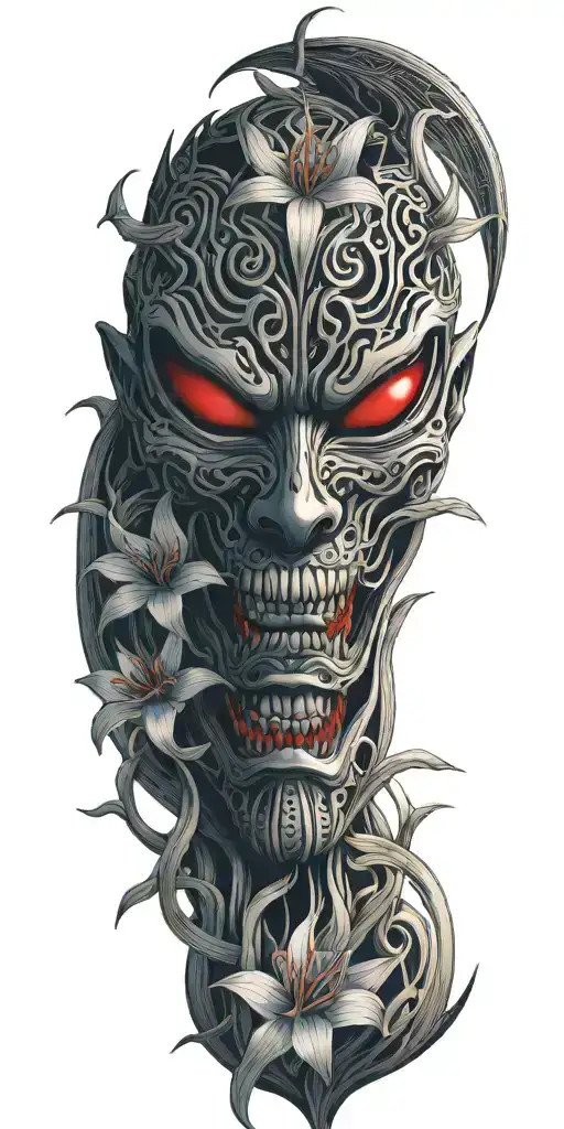 Japanese Oni Mask Featuring Spider Lillies