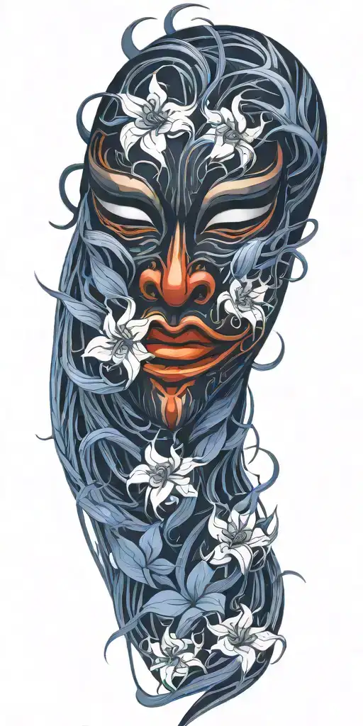 Japanese Oni Mask Featuring Spider Lillies