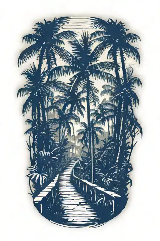 Straight Path Entry Into A Rainforest With Very Large Palm Trees