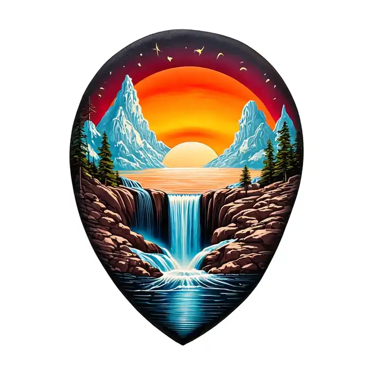 Rising Sun And A Waterfall