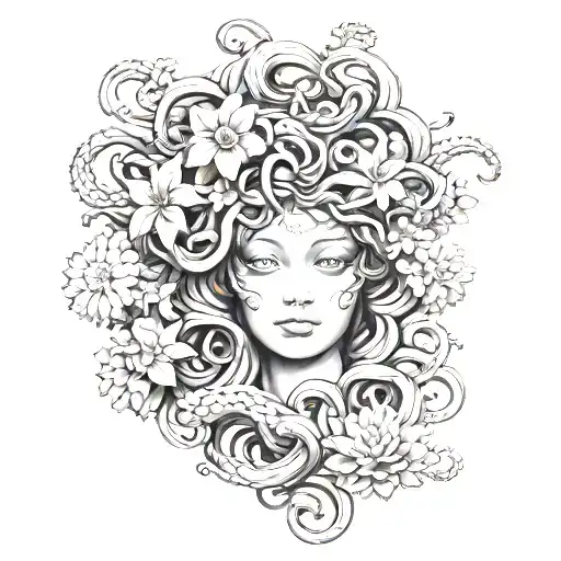 Medusa With Folwers In Black And Grey