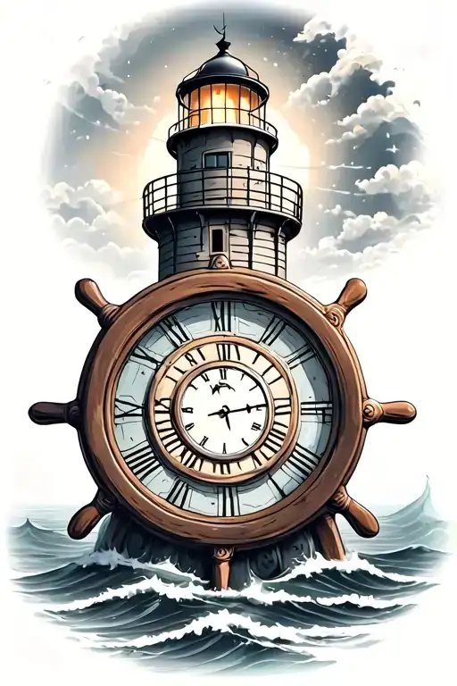 Ships Wheel With Clock Inside On A Lighthouse