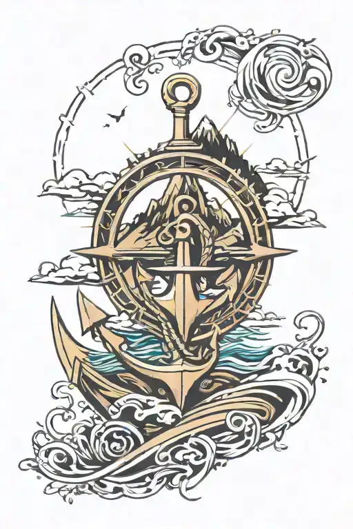 Compas With Anchor And Mountains And Waves