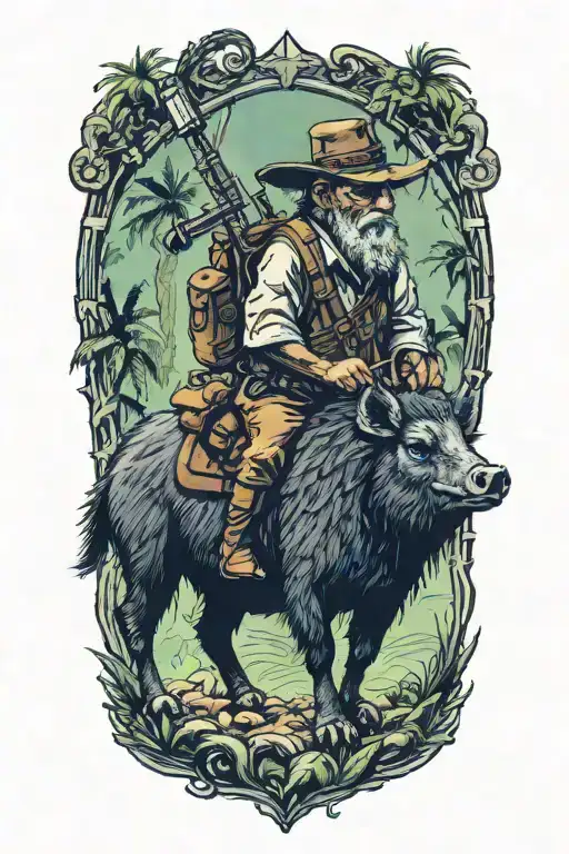 Curupira Riding Collared Peccary With A Crucifix And Gun In Jungle