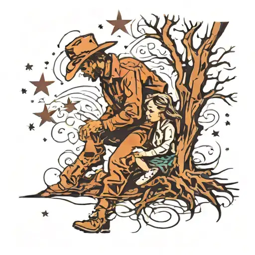 Cowboy Kneeling Down With A Little Girl Running To Him Underneath A Tree And Stars