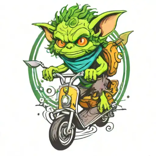 Gremlin Riding A Scooter Curly Hair