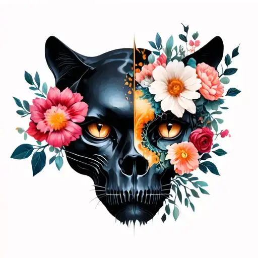 Half Black Panther Face Half Panther Skull With Flowers For Eye Socket