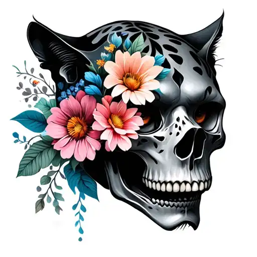 Half Black Panther Face Half Panther Skull With Flowers For Eye Socket