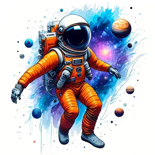 Astronaut In Orange Suit In Space With A Blue And Purple Themed Galaxy With Planets