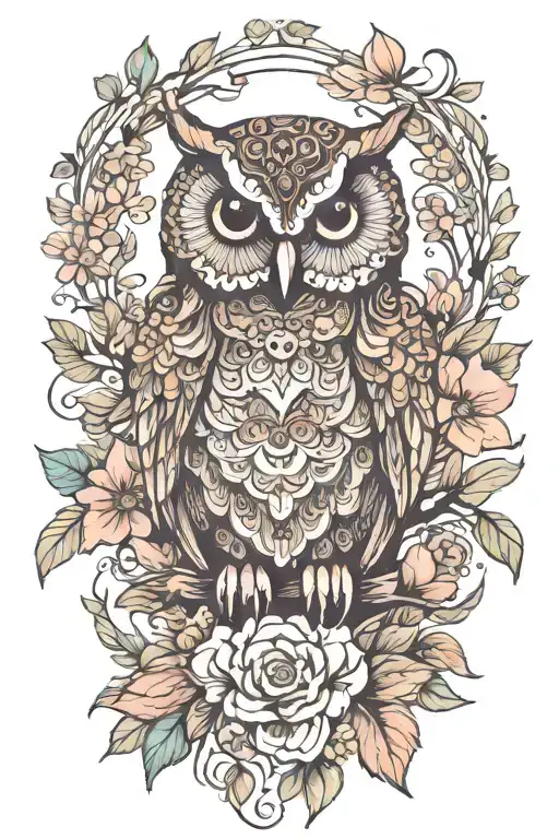 Boho Owl Surrounded By Blooming Flowers And Leaves