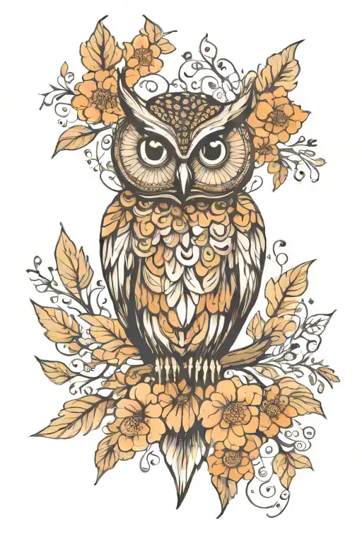 Boho Owl Surrounded By Blooming Flowers And Leaves