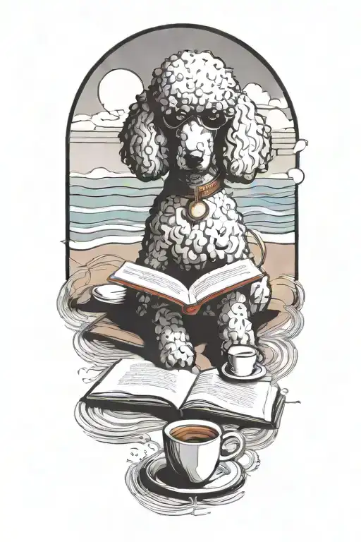 A Poodle Reading A Book With A Cup Of Coffee On The Beach