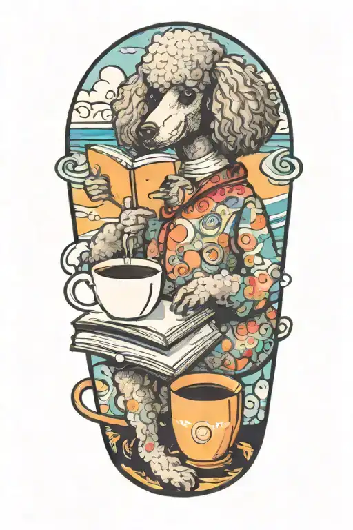 A Poodle Reading A Book With A Cup Of Coffee On The Beach