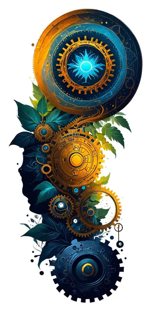 Path Of Enlightenment With Buddhist Symbols Of Nature And Steampunk Mechanical Gears