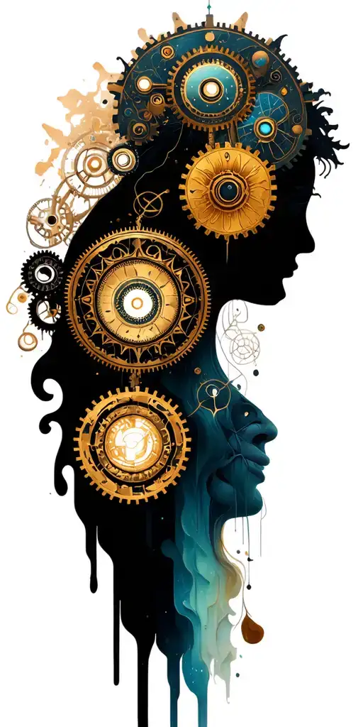 Path Of Enlightenment With Buddhist Symbols Of Nature And Steampunk Mechanical Gears