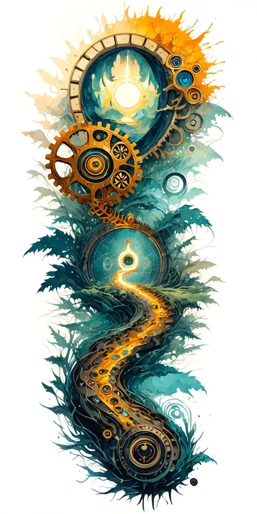 Path Of Enlightenment With Buddhist Symbols Of Nature And Steampunk Mechanical Gears