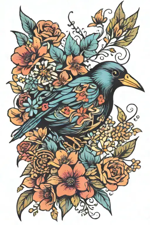 Neo Trad Bird With Wildflowers