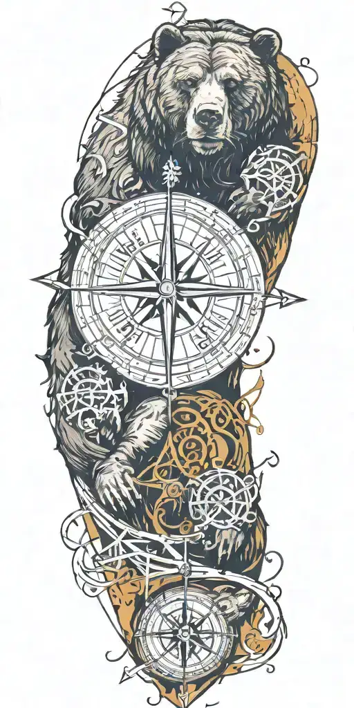 A Compass Intertwined With Elegant Calligraphy Writing Encased In Armor Incorporating A Grizzly Bear