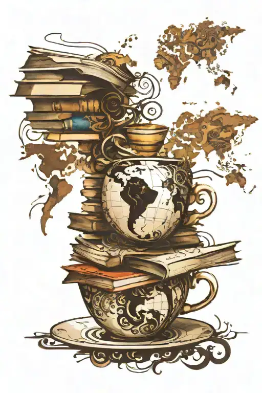 A Coffee Cup Morphing Into A Stack Of Books With A World Map In The Background