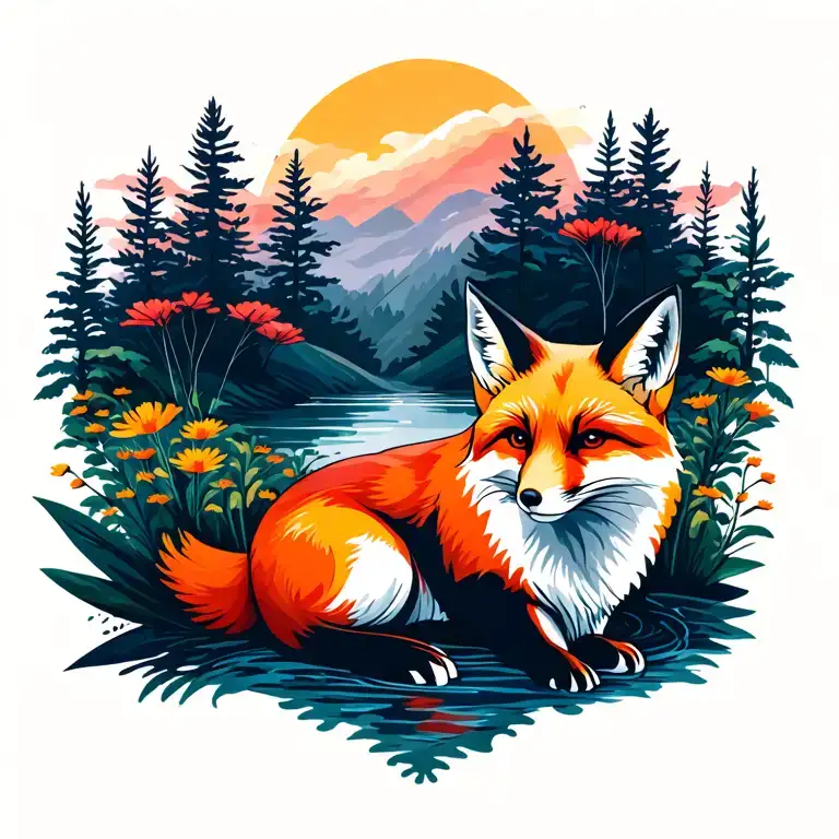 Summer Landscape With Full Body Fox