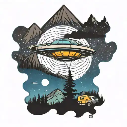 A Camper Gazing Up At A Ufo In The Night Sky Over A Mountain Lake