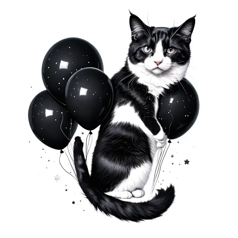 Black And White Cat Floating With Black Balloons Floating In Space