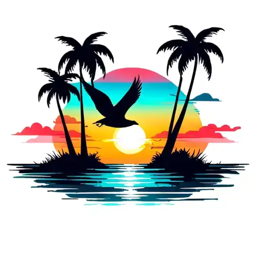 Seagull Palm Trees Sunset