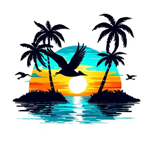 Seagull Palm Trees Sunset