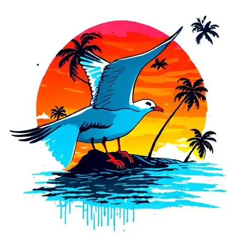 Screaming Seagull Palm Trees Sunset