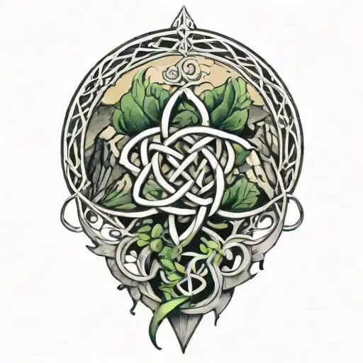 The Karmic Knot Is Intertwined With A Four-leaf Clover In Front Of A Mountain Peak