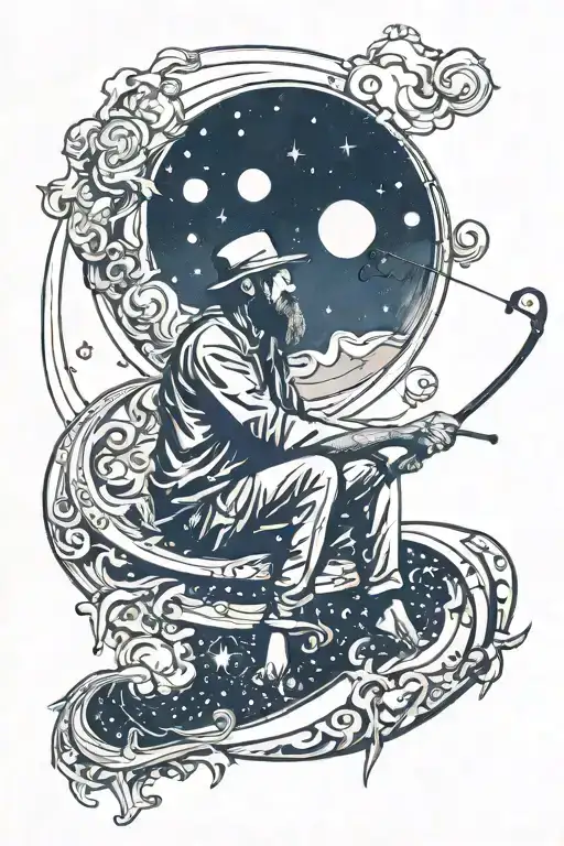 Man Sitting On Crescent Moon With Fishing Pole Celestial