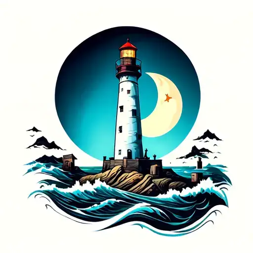 Chaotic Style Lighthouse With Crescent Moon
