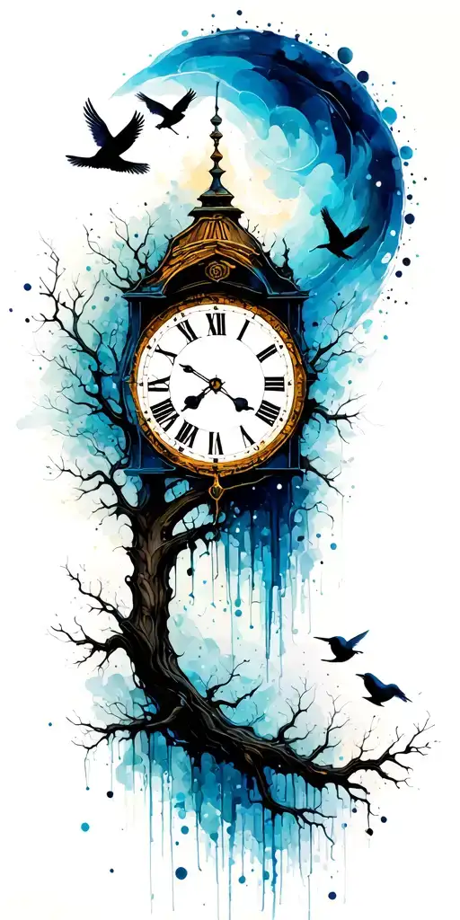 Tree And Clock And 3 Birds